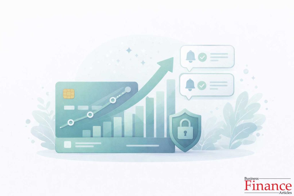 Minimal flat illustration of credit card with upward progress chart and payment reminder notifications symbolising gradual credit improvement