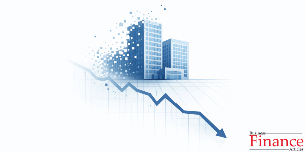 Corporate building dissolving into digital particles above declining market graph symbolizing market value loss from reputational crisis