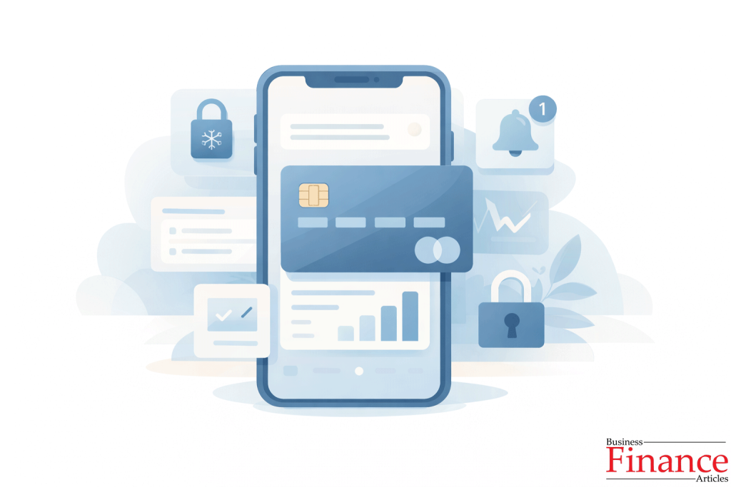 Mobile banking app interface showing credit card management, alerts, and spending overview