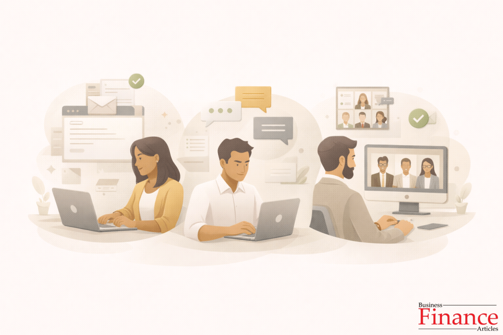 Professional illustration showing modern workplace communication through email, chat, and virtual meetings