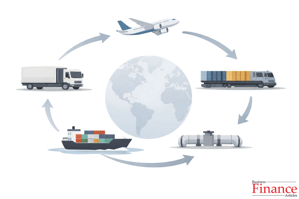 Multimodal transportation including truck, ship, rail, air, and pipeline logistics