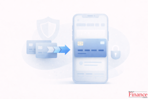 Modern UK credit card displayed inside a sleek mobile banking dashboard with balance transfer arrow and security shield icon