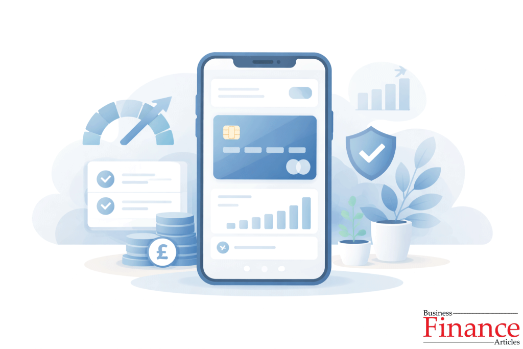 Credit-building credit card displayed inside a mobile banking app interface with neutral fintech design