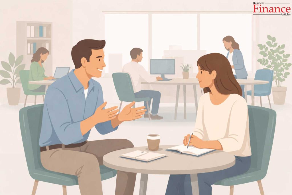 Leader conducting a one-on-one coaching conversation focused on employee growth and development