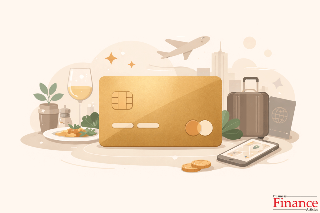Premium gold-toned credit card shown in a modern lifestyle setting with subtle dining and travel elements