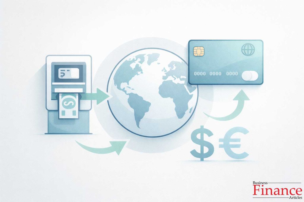 Minimal flat illustration of prepaid travel card overseas spending with globe, ATM withdrawal icon, and currency exchange arrows