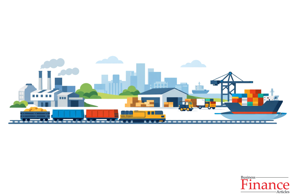 Railway transport connecting factories, warehouses, and ports in a business supply chain