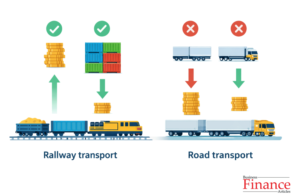 Comparison of railway transport vs road transport in business logistics by cost and capacity