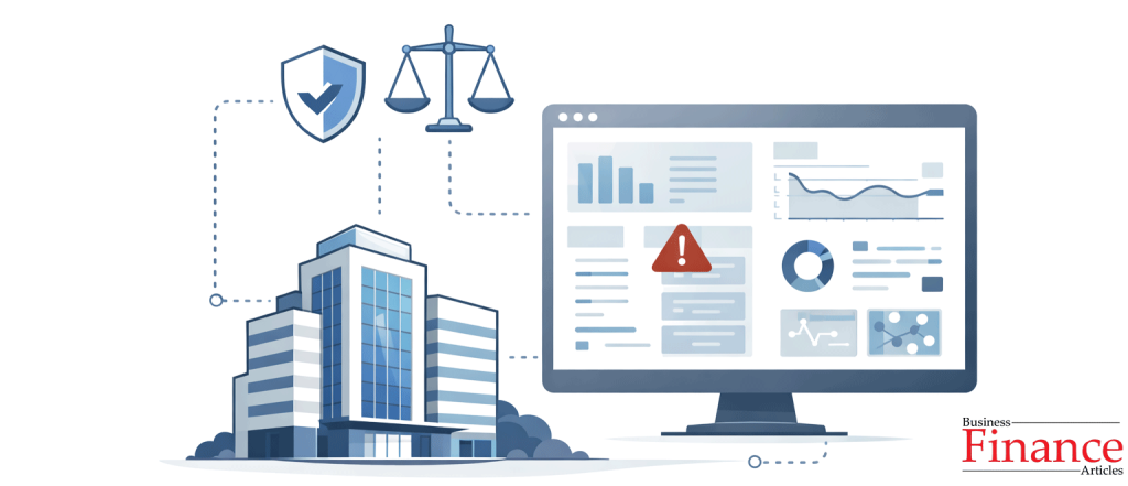 Structured dashboard with KPI charts connected to corporate building and governance icons representing board-level reputational risk monitoring