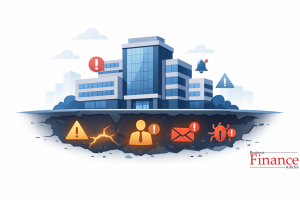 Corporate building with hidden warning signals beneath foundation symbolizing early reputational risk detection