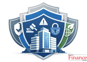 Corporate building reinforced by layered shield elements representing governance, crisis response, cyber security, ESG controls, and insurance protection