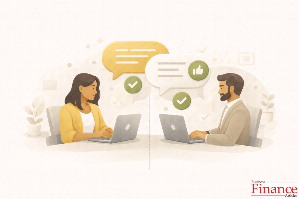 Minimal illustration showing respectful and courteous professional communication between colleagues