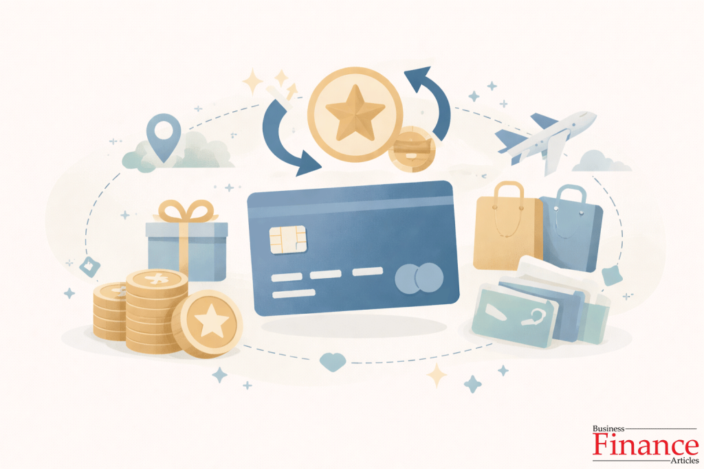 Illustration representing a rewards-based credit card system with abstract points, icons, and card symbols