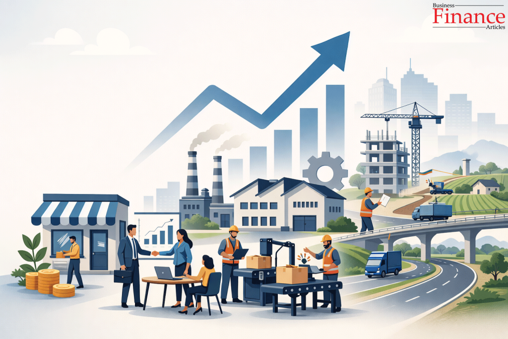 Entrepreneurs contributing to economic development through small businesses, factories, infrastructure growth, and rising economic output