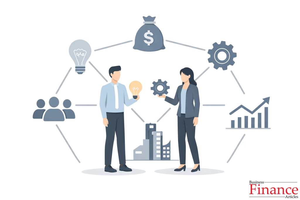 Illustration showing entrepreneurs connecting ideas, resources, and economic growth in economics