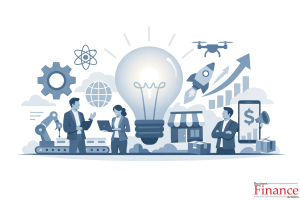 Illustration showing entrepreneurs driving innovation through ideas, technology, and new markets