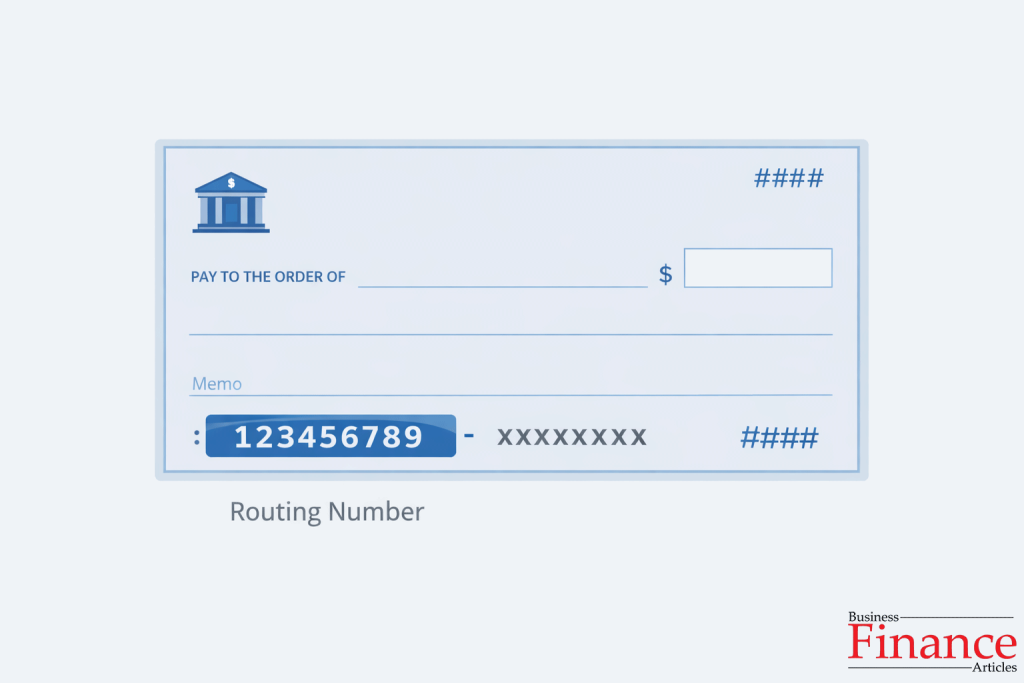 Infographic showing nine-digit routing number highlighted at bottom of bank check