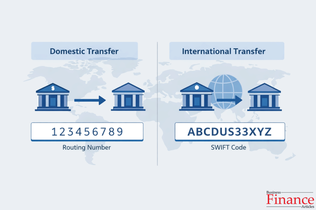 Illustration comparing domestic bank transfer using routing number and international transfer using SWIFT code