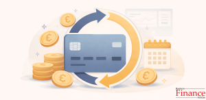 UK credit card surrounded by cashback coin icons and circular balance transfer arrow with subtle calendar symbol in background
