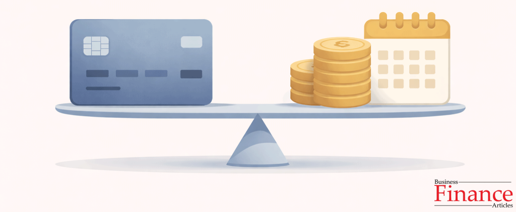 Credit card balanced against stacked coins and calendar icon symbolising cashback offsetting a monthly fee