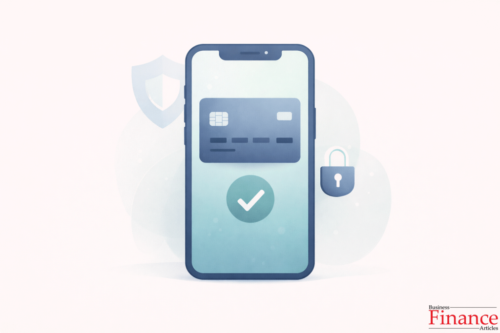 UK credit card being activated through secure mobile banking app with shield security icon and verification checkmark