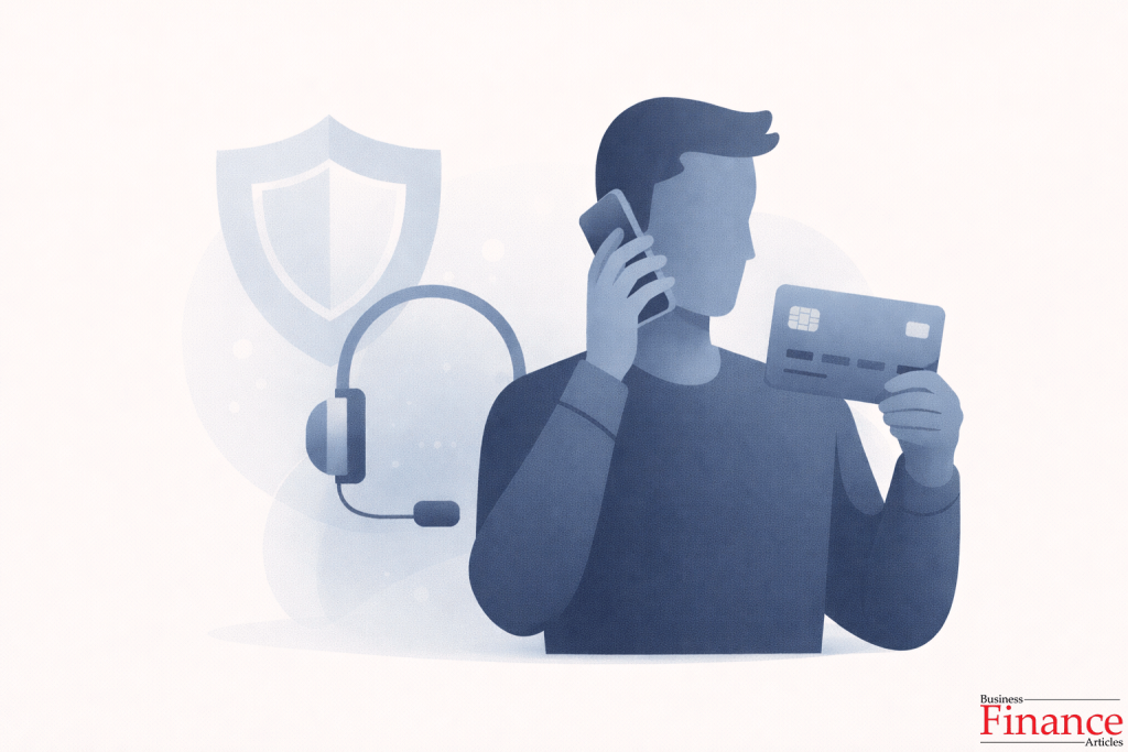 Customer verifying Santander credit card through secure phone call with headset and security shield icon