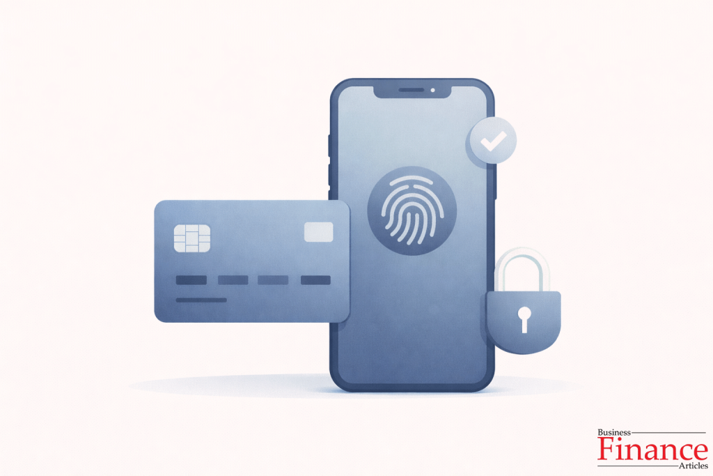 Credit card beside smartphone with fingerprint authentication symbol and secure login padlock icon