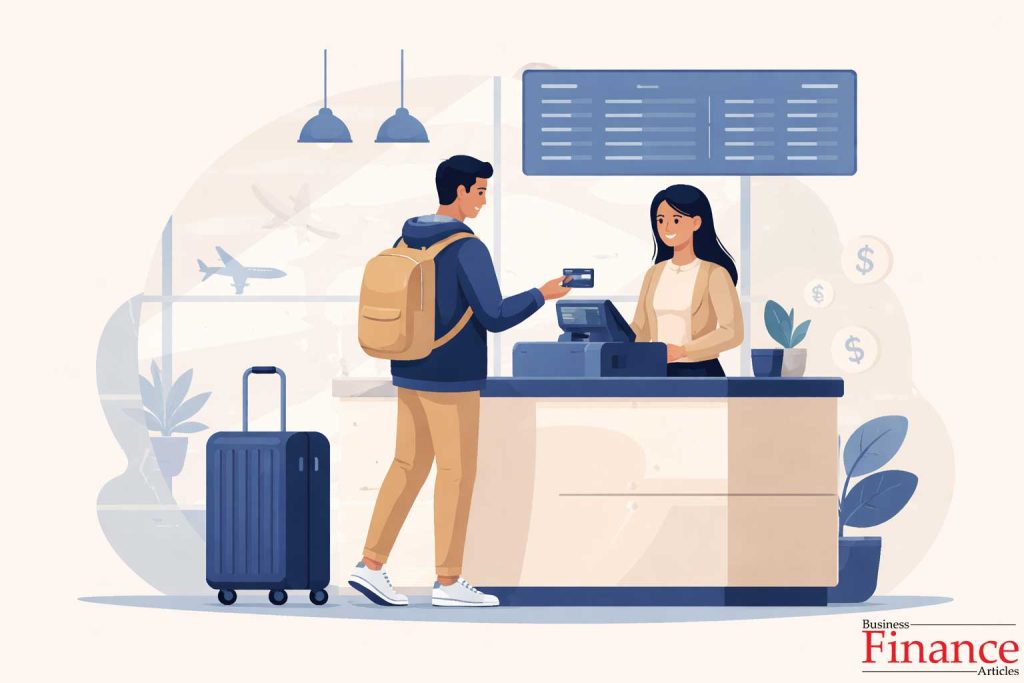 Traveller paying with a credit card at an airport shop terminal, suitcase beside them, abstract departure board in background, subtle currency symbols, flat editorial style.