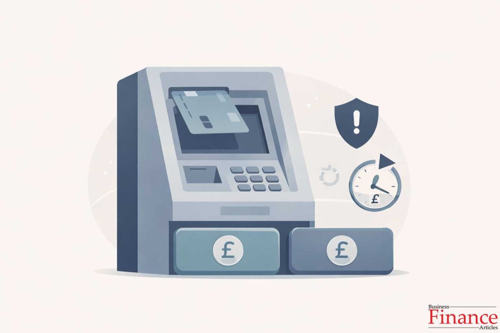 ATM machine with a credit card inserted, caution shield icon and subtle clock symbol representing interest accruing on cash withdrawals, modern UK fintech style