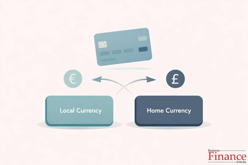 Conceptual illustration showing local currency versus home currency payment choice, credit card above buttons with exchange arrows, minimal financial education style.