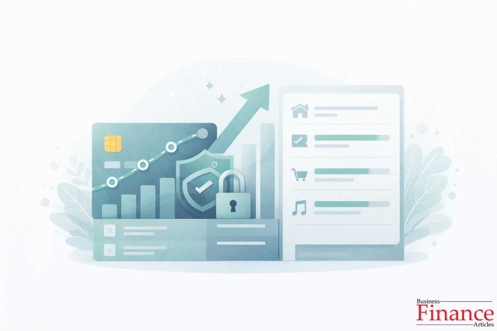 Illustration representing structured budgeting and credit rebuilding with upward progress chart and bill allocation sections