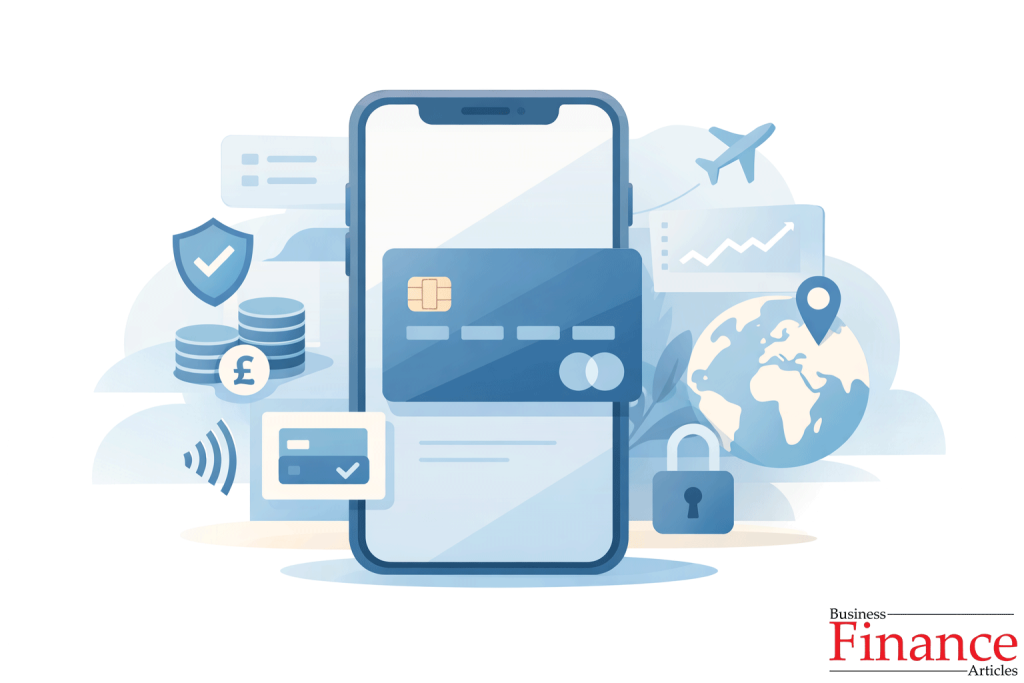 UK digital banking credit card displayed inside a smartphone with secure mobile payment features