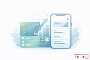 UK credit-building credit card integrated with budgeting app interface showing spending categories and secure login