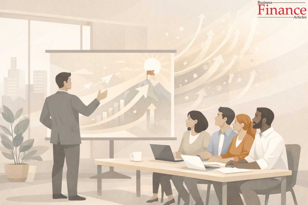 Transformational leadership showing a leader presenting a future vision to an engaged team