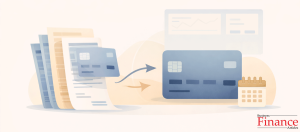 Flat illustration of multiple credit card statements being consolidated into one credit card with a calendar symbol representing a promotional interest period
