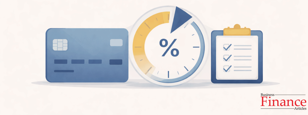 Minimal illustration of a credit card next to a countdown timer and repayment checklist symbolising a limited promotional interest period