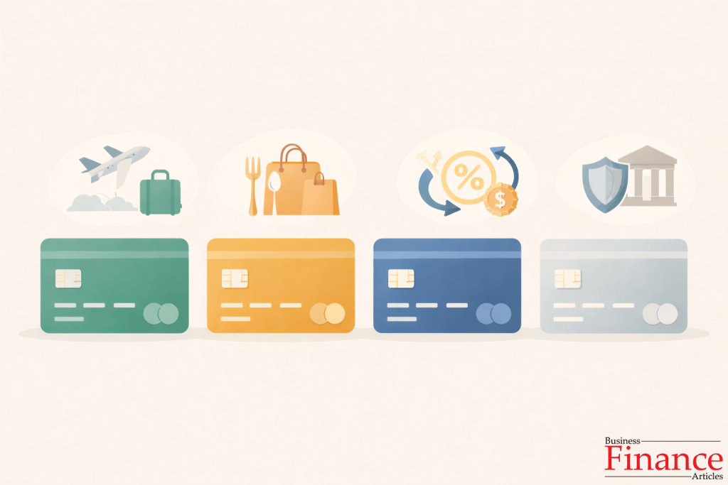 Illustration showing different categories of credit cards arranged by purpose such as travel, cashback, and protection