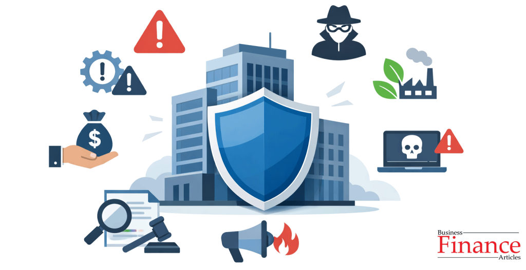 Illustration of corporate building protected by shield symbol representing reputational risk protection