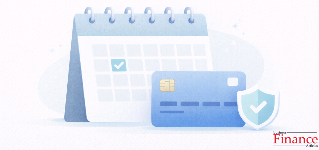 Calendar highlighting a payment date beside a credit card and shield icon symbolising secure on-time repayment