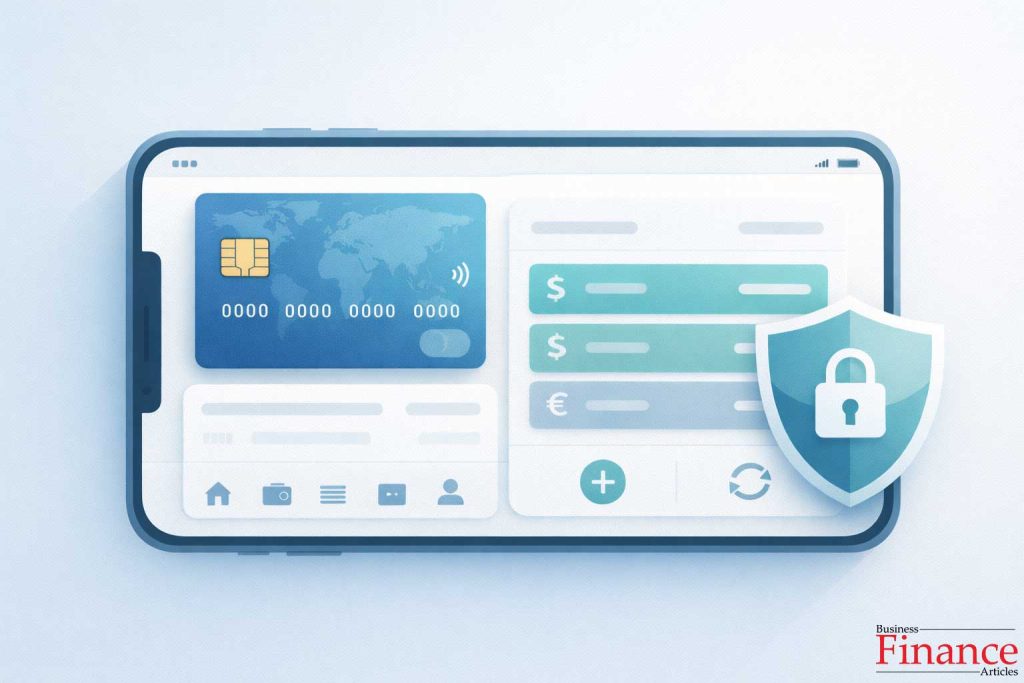 UK prepaid travel money card displayed inside a mobile banking app interface with multi-currency wallets and security shield icon