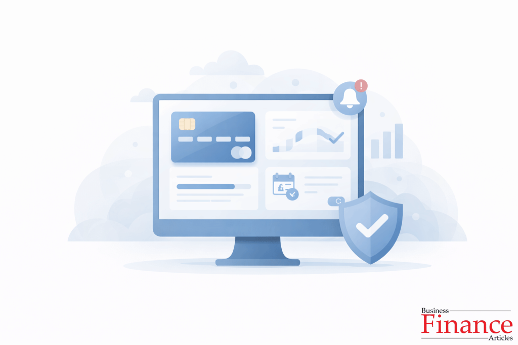 Online credit card account management dashboard showing balance tracking and reminders