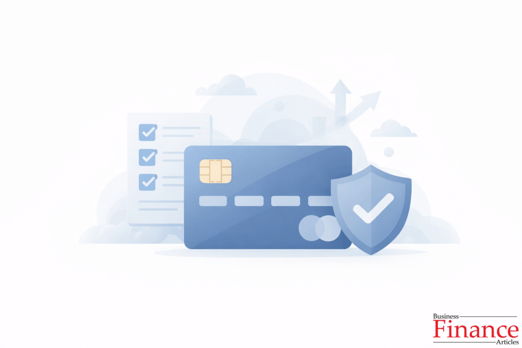 Credit-building credit card illustration with shield and checklist icons