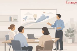 Leader presenting a long-term vision to a professional team in a modern office environment