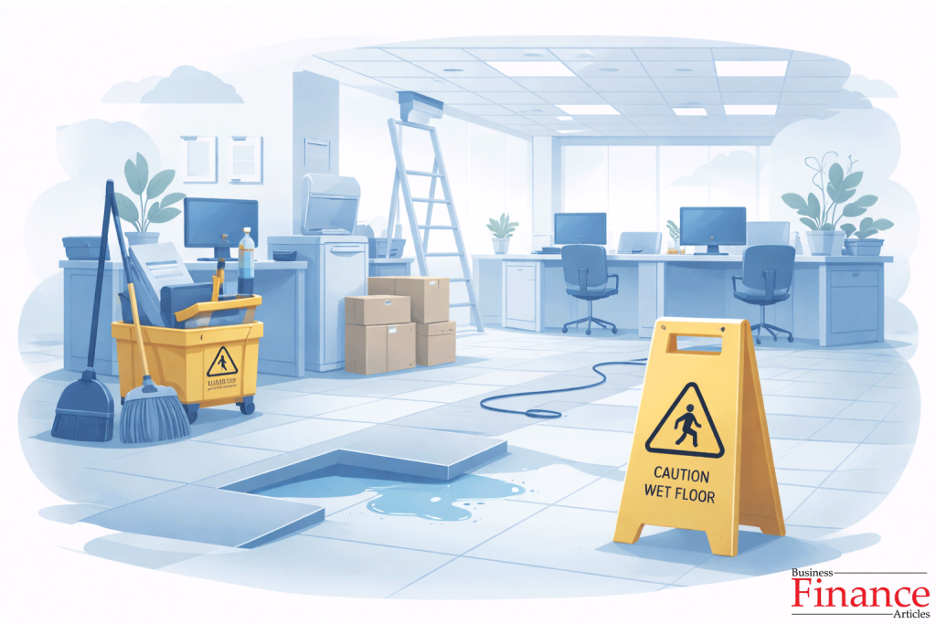 Illustration showing workplace operational hazards such as wet floor sign and maintenance equipment in a business environment