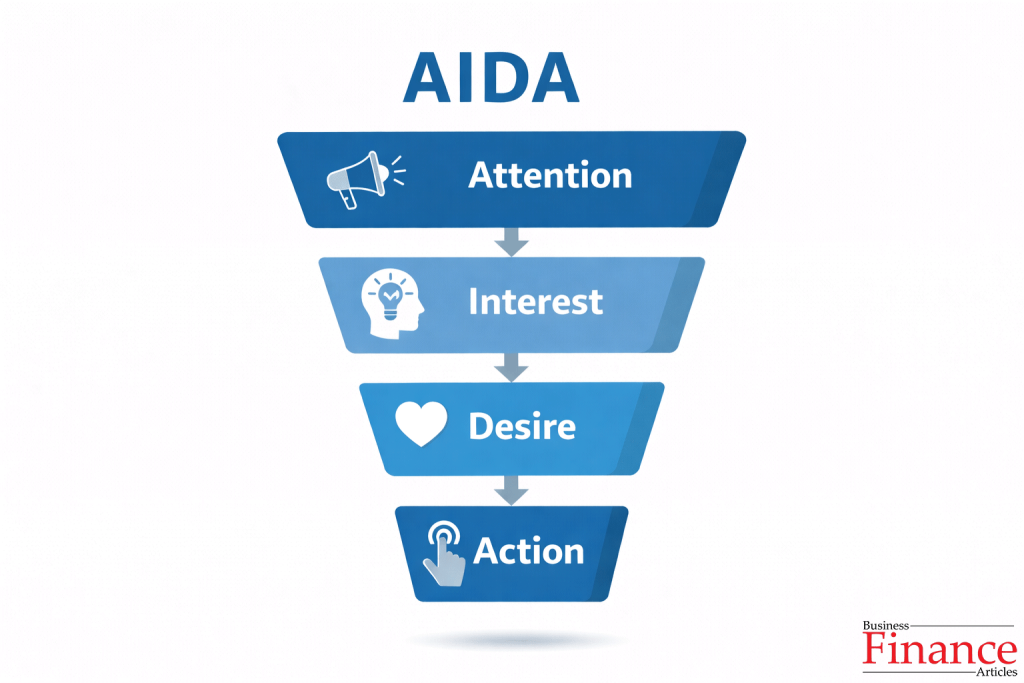 AIDA sales model funnel showing attention interest desire and action stages in the sales process