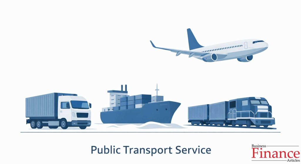 Illustration showing cargo truck, cargo ship, airplane, and freight train representing public transport services