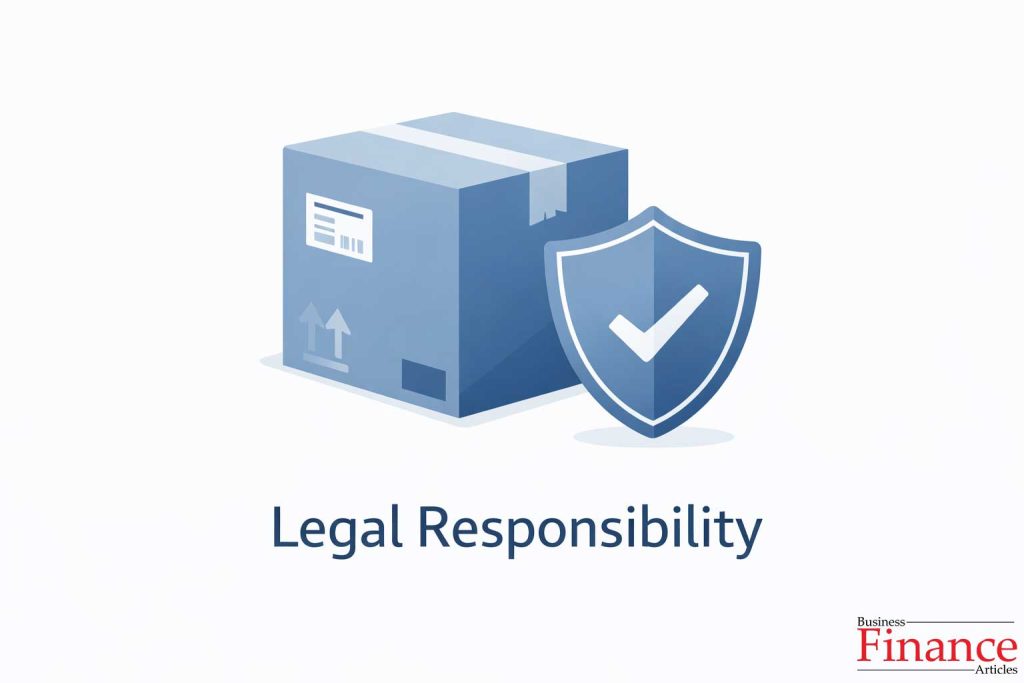 Cargo box with protective shield symbol representing legal responsibility and business risk in transport