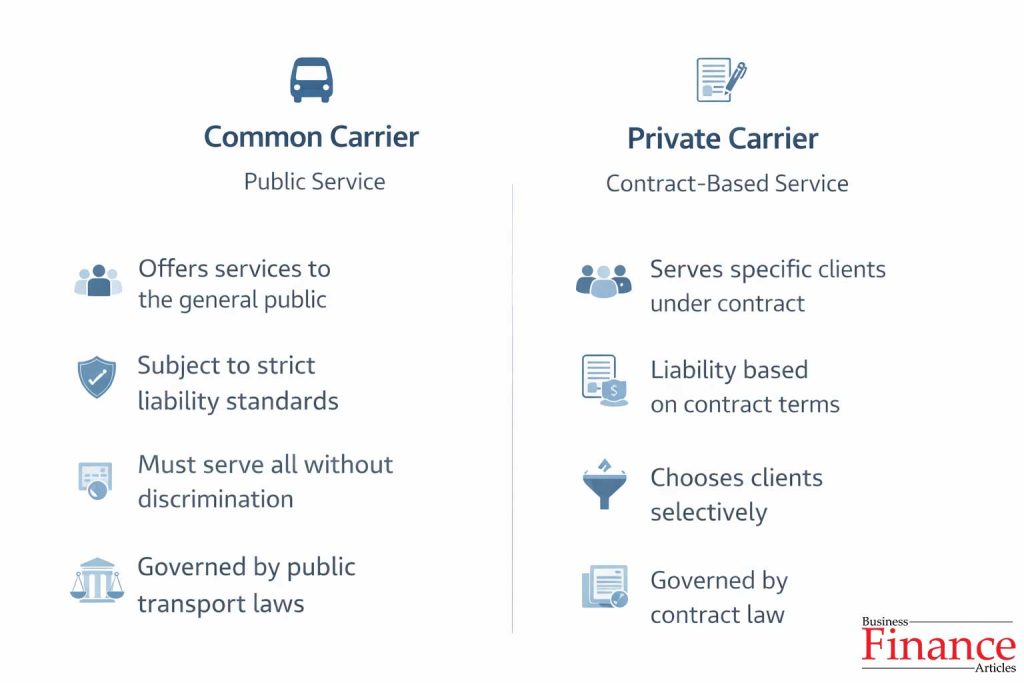 Infographic comparing common carrier and private carrier in business law