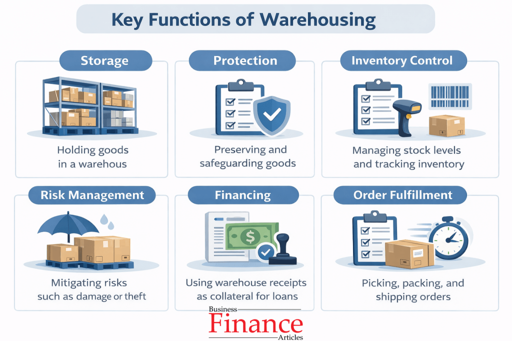 Key functions of warehousing such as storage, protection, inventory control, and order fulfillment