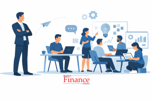 laissez-faire leadership concept showing leader stepping back while team works independently